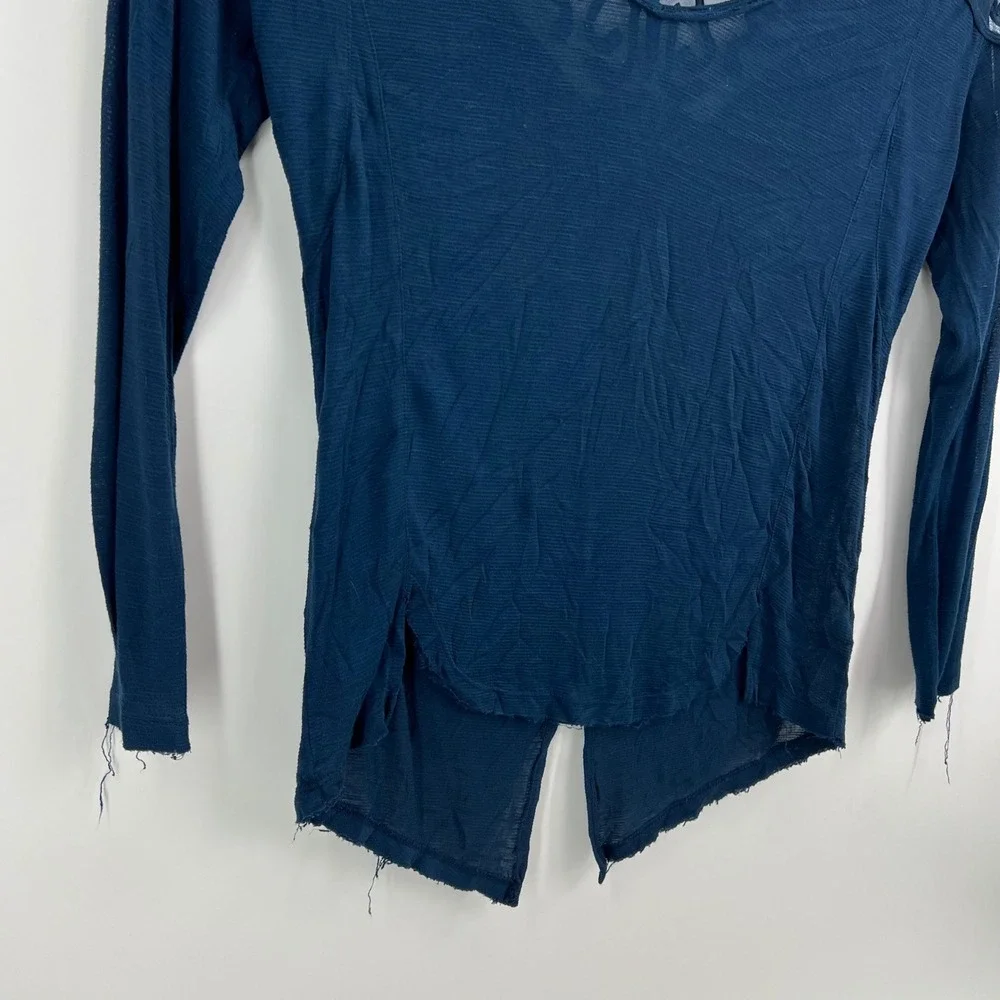 Free People Mesh Yoke Top Womens Medium Navy Blue Boho Embroidered Split Back